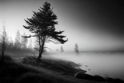 Black and White Misty Lake - Ethereal Wilderness