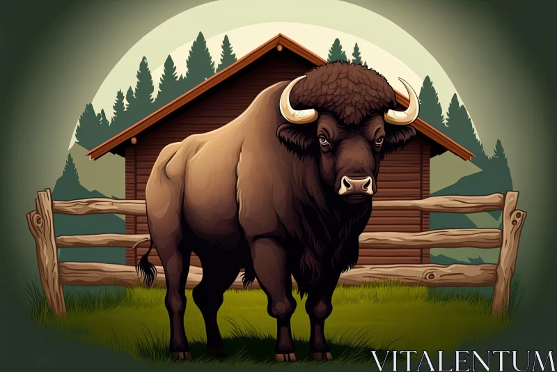 Cartoon Bison at Ranch House: Detailed Romantic Illustration AI Image