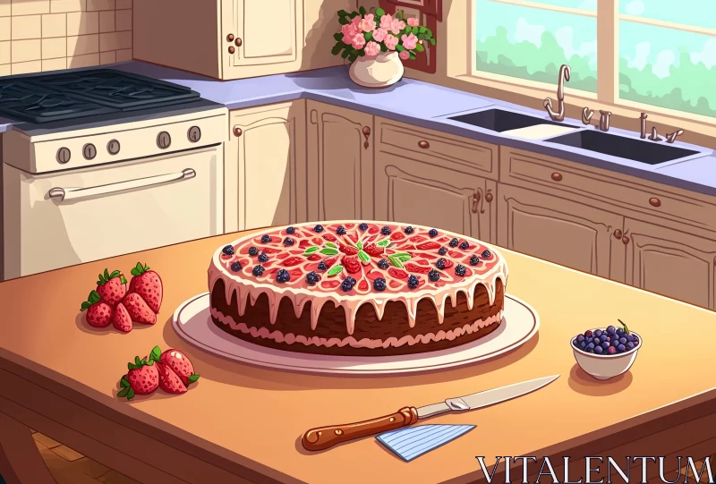Cartoon Strawberry Cake in Detailed Kitchen Still Life AI Image