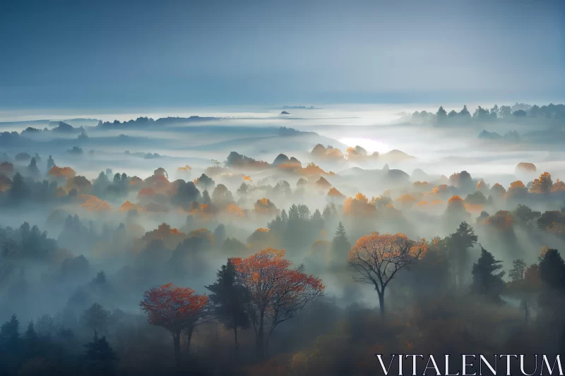 Intricate Autumn Landscape - Fog Over Forest AI Image