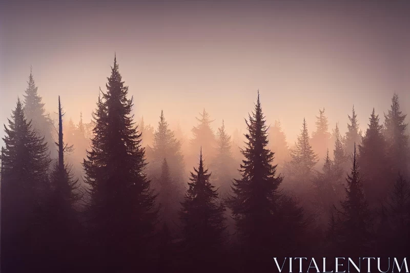 Foggy Forest Scene with Pine Trees and Mysterious Atmosphere AI Image