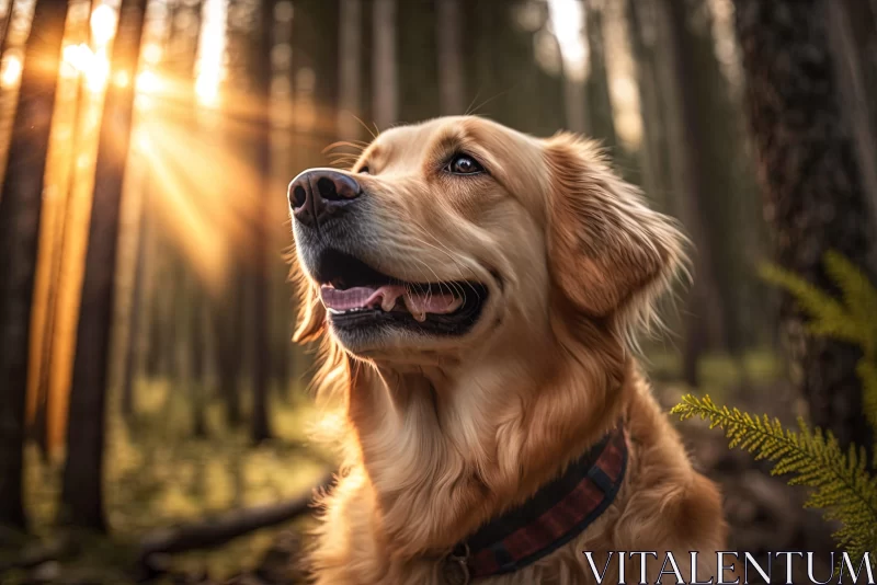 Golden Retriever in Forest at Sunset - Realistic Dog Portraiture AI Image