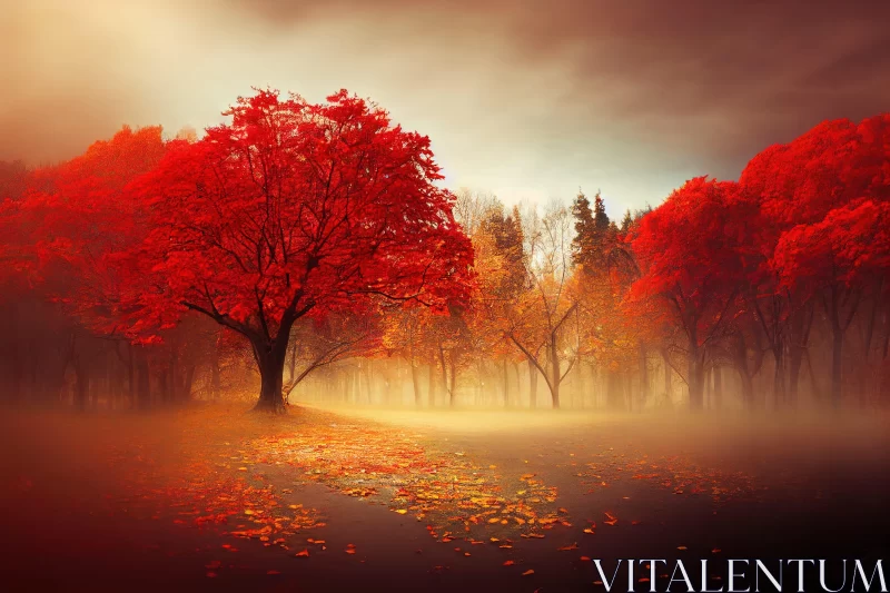Misty Autumn Forest with Red Trees: Ethereal Landscape AI Image