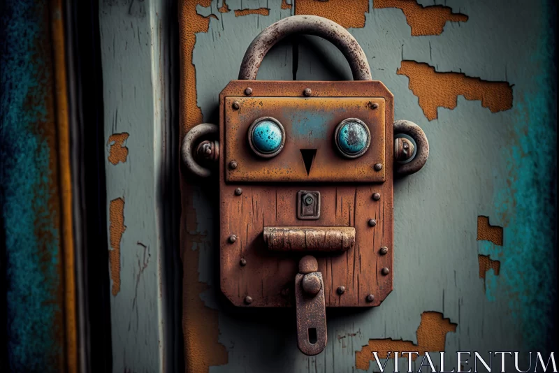 Vintage Robot Lock on Rustic Metal Door AI Image