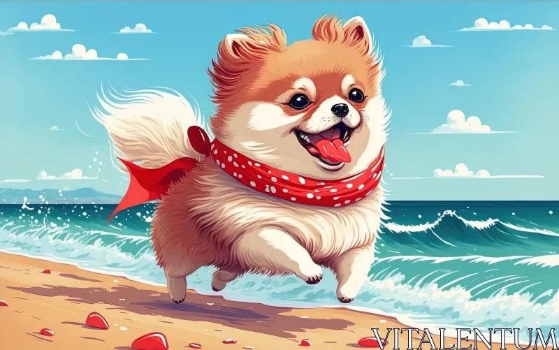 Anime Style Illustration of a Dog Running by the Ocean AI Image