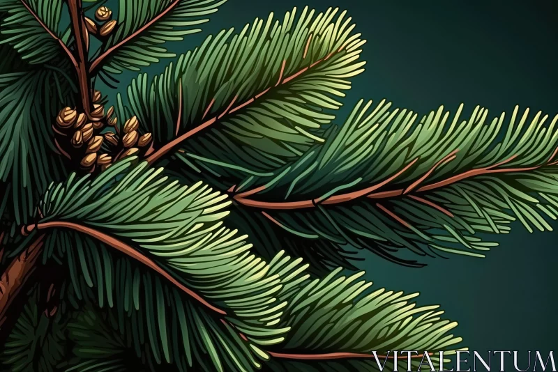 Festive Fir Branch Illustration with Green Cones AI Image