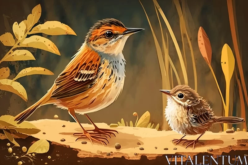 Parent Bird with Baby Birds Illustration in Warm Hues AI Image