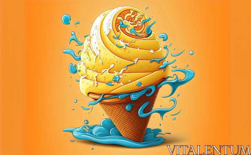 Vibrant Ice Cream Cone Artwork in Yellow and Azure Tones AI Image