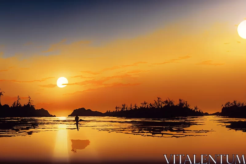 Man Watching Sunset Over Lake - Exotic Tropical Digital Art AI Image