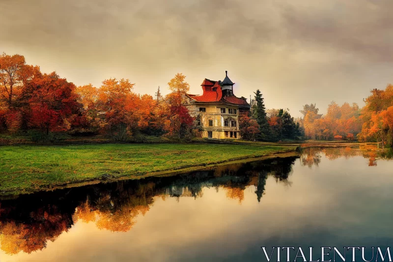 Autumn House by Lake: A Gothic Romantic Landscape AI Image
