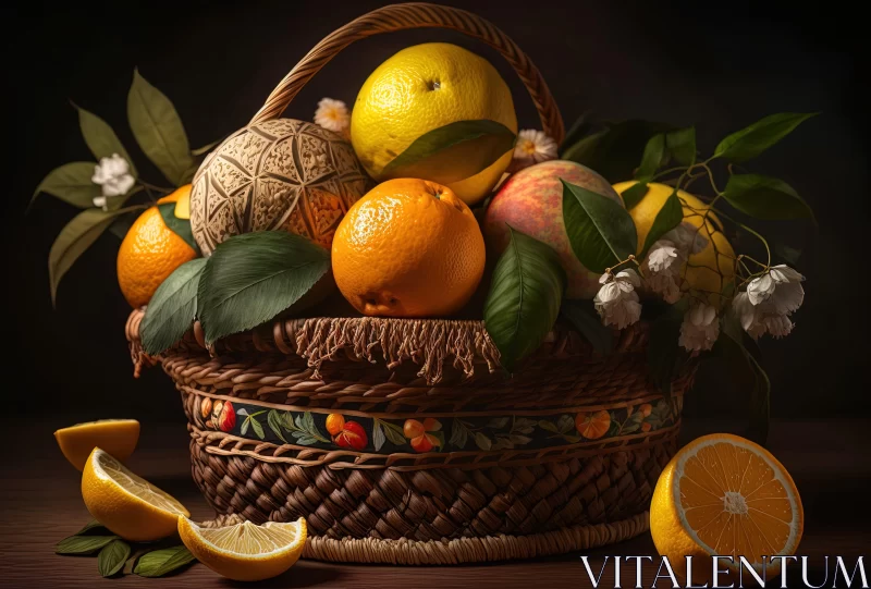 Classical Still Life: Basket with Citrus and Fruit AI Image