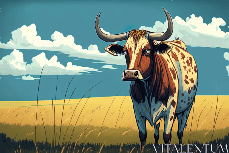 AI ART Vintage-Style Bull in Prairie Landscape Artwork