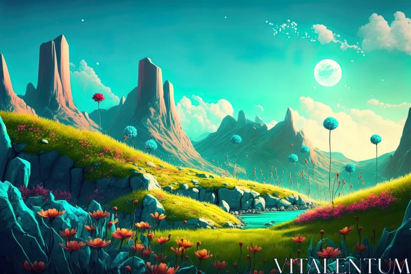 Colorful Cartoon Landscape with Mountains and Balloon AI Image
