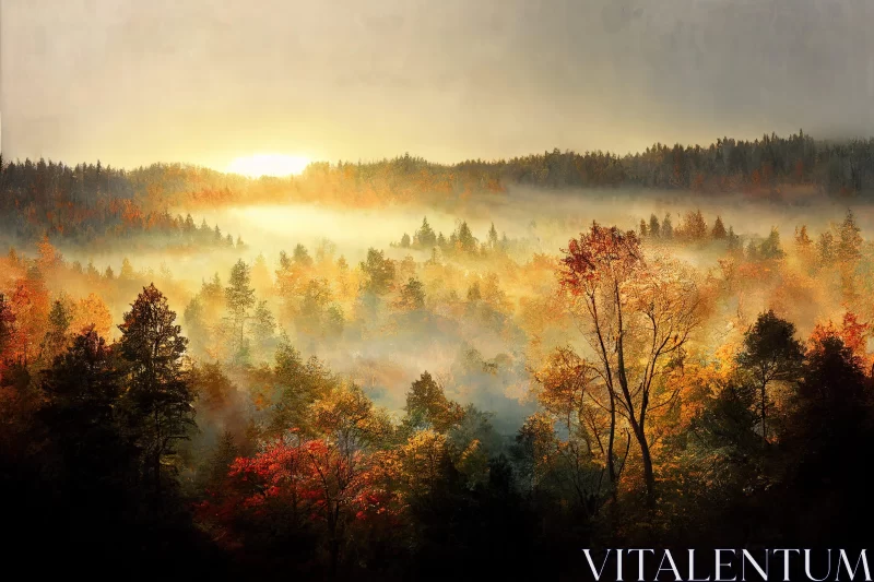 Enchanting Autumn Forest Painting with a Golden Glow AI Image