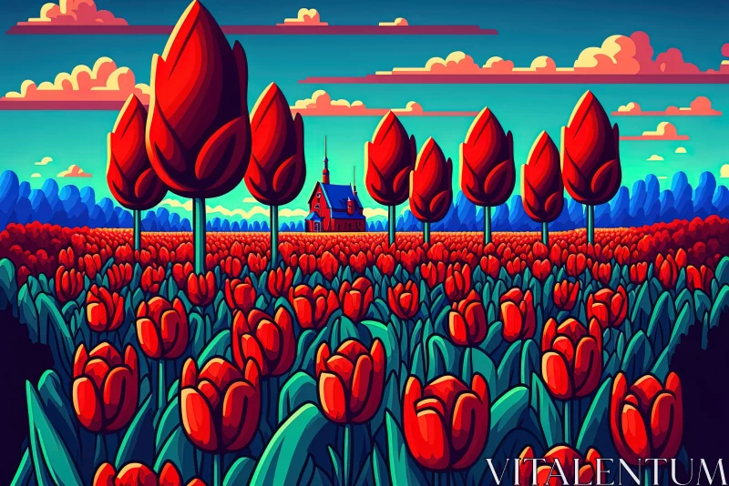 Red Tulip Field Under Colorful Sky: Dutch Baroque Inspired AI Image