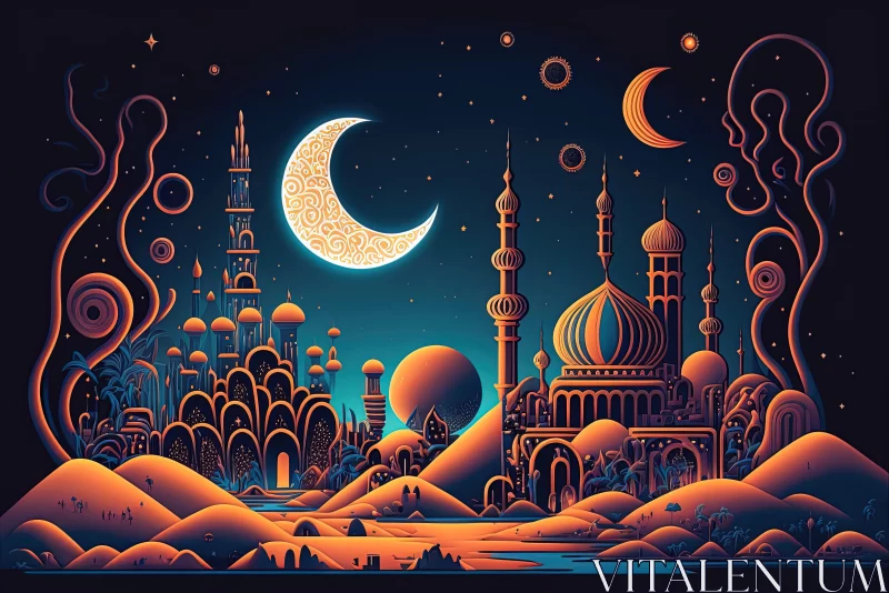 Exotic Moonlit Festival - Islamic Architecture Illustration AI Image