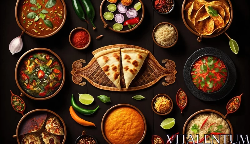Photorealistic Display of Indian Dishes on Dark Background AI Image
