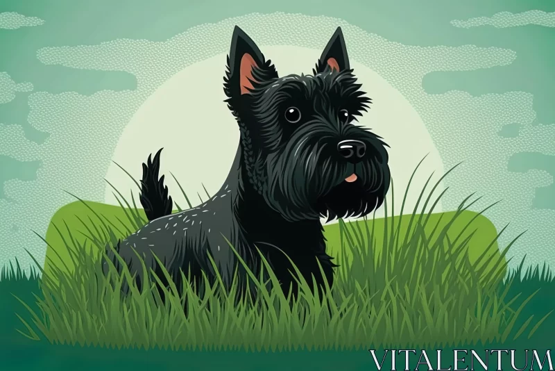 Cartoon Scottish Terrier in Grass at Sunset Illustration AI Image