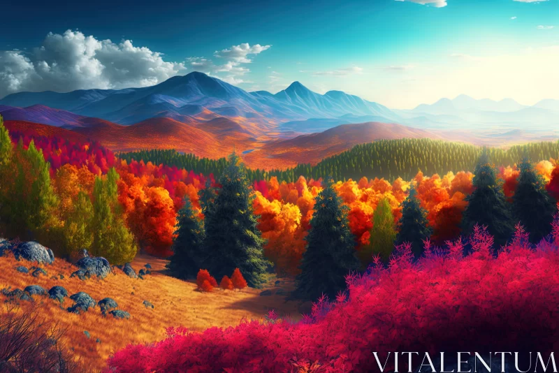 Colorful Forest Landscape with Mountainous Vistas AI Image