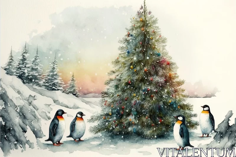 Watercolor Painting of Penguins Celebrating Christmas AI Image