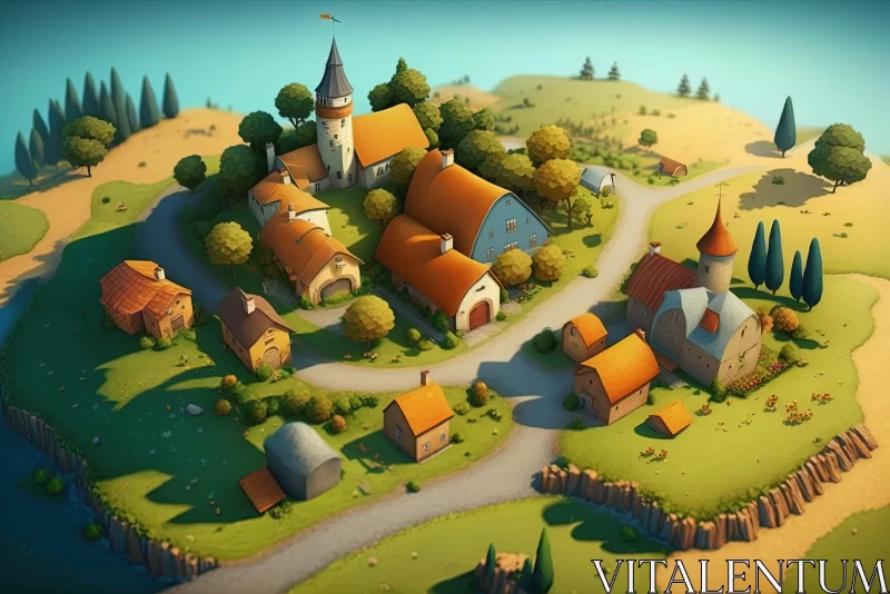 Animated Island Village in Light Orange and Dark Blue AI Image
