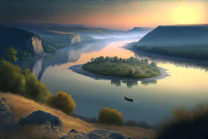 Romantic River Landscape with Boats - Colorful Moebius Style