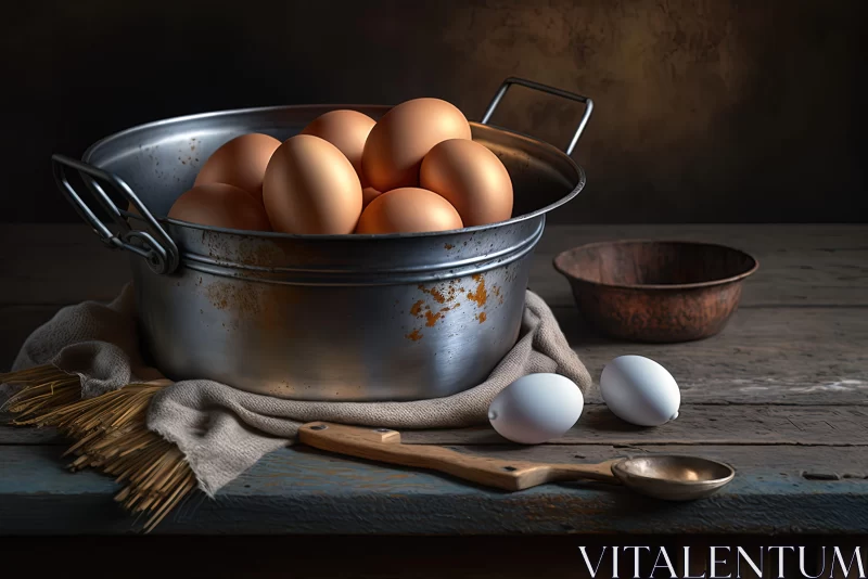 AI ART Farm Life - Copper Bowl with Eggs on Wooden Table