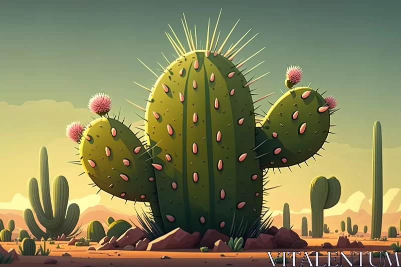 Animated Cactus in Vibrant Desert Illustration AI Image