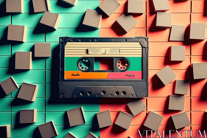 Colorful Cassette Tape on Maroon and Green Backdrop AI Image