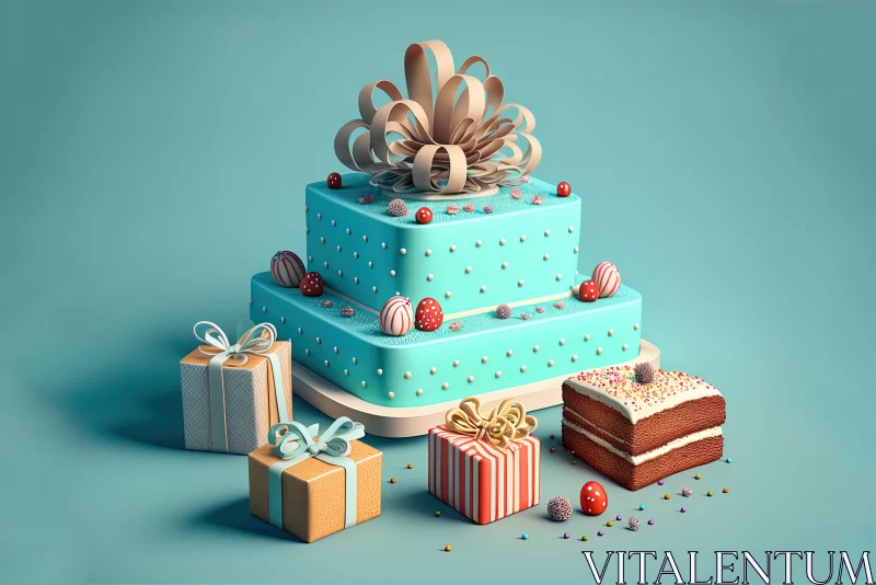 Art Deco Inspired 3D Rendered Cake and Presents Scene AI Image