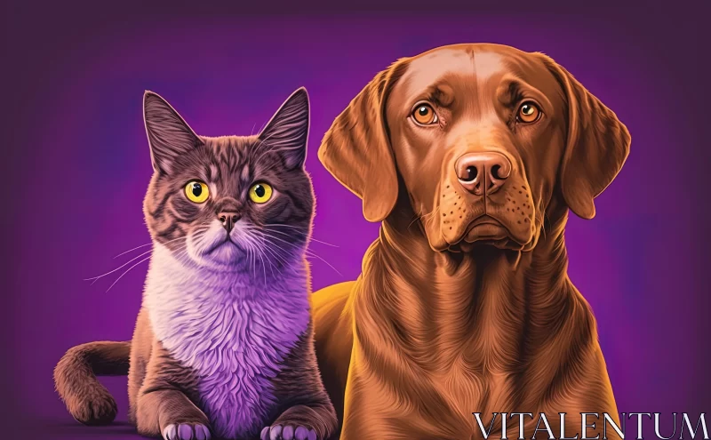 Neo-Pop Art Illustration of Dogs and Cat on Purple Background AI Image