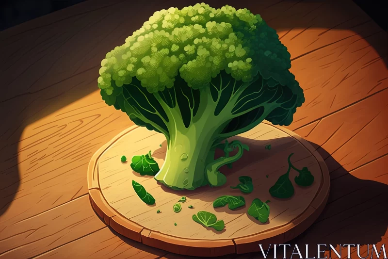 Stylized and Colorful Broccoli Illustration on Wooden Plate AI Image