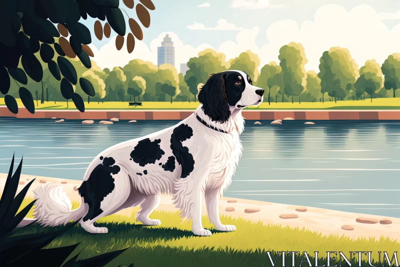 Dog by River - Bold Black and White Illustration AI Image