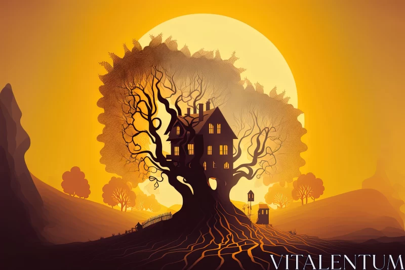 Amber-toned Tree House Illustration - A Blend of Fantasy and Romanticism AI Image