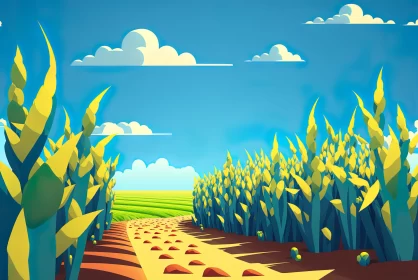 Dreamlike Low Poly Corn Field - Summer Illustration