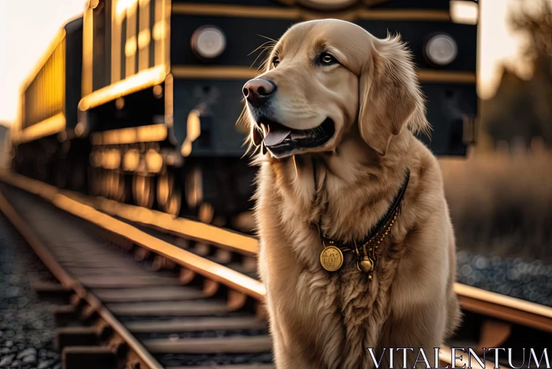 Golden Retriever on Train Track under Golden Light AI Image