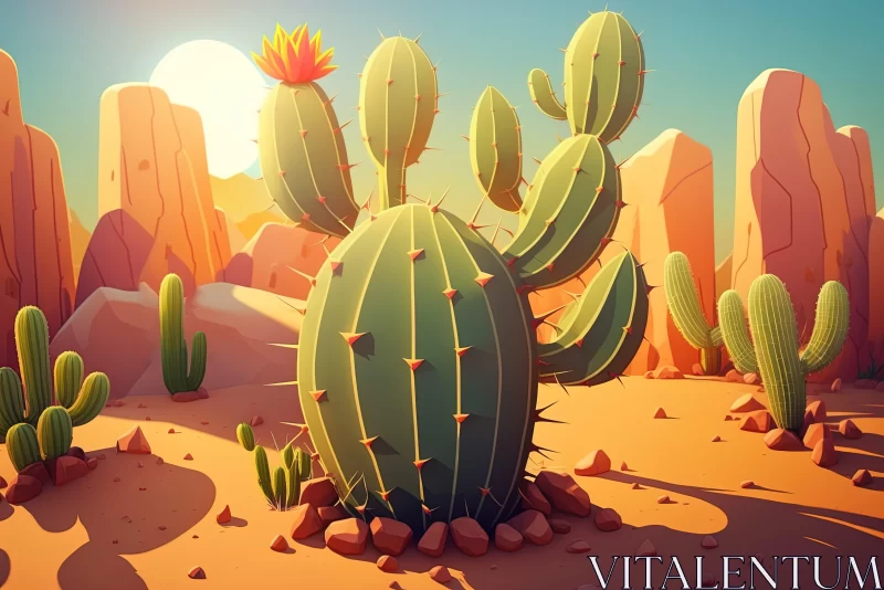 3D Desert Illustration with Cactus Plants AI Image