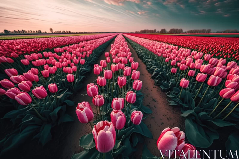 Sunset Over a Field of Pink Tulips - Landscape Photography AI Image