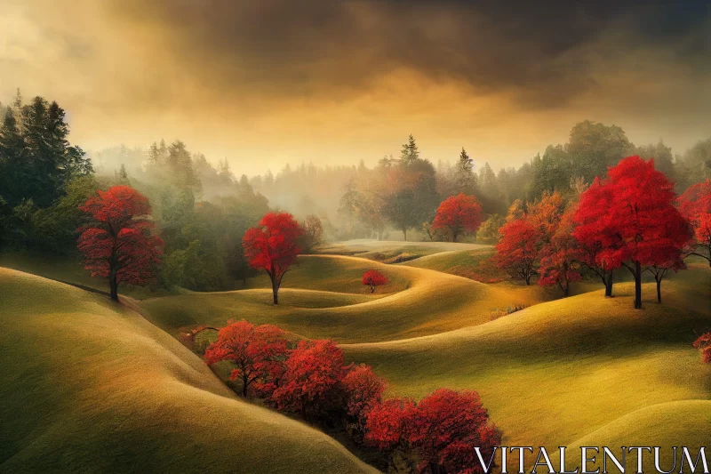 Enchanting Autumn Landscape: A Symphony of Red and Gold AI Image