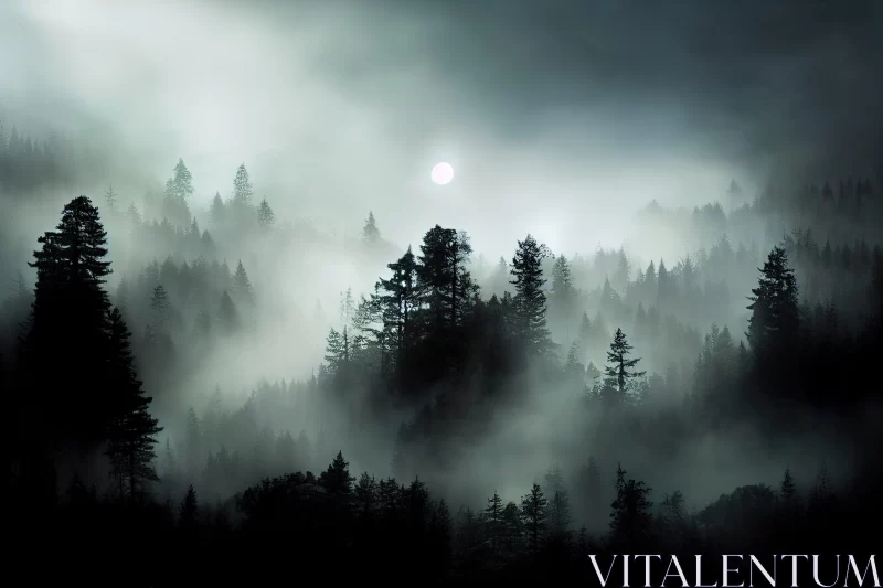 Moonlit Foggy Forest - A Mystic Emerald Night Scene AI Image