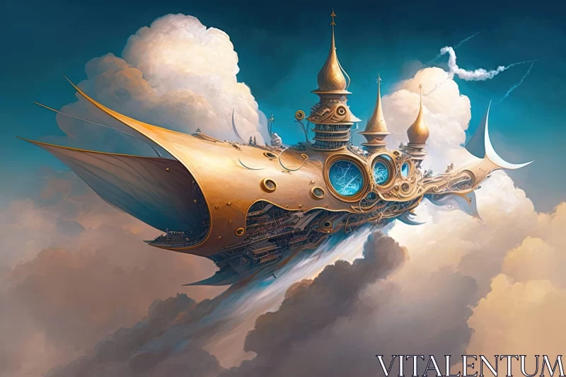 Majestic Golden Ship Floating Above the Clouds AI Image