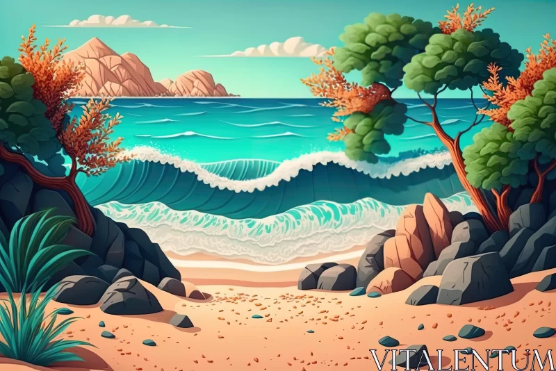 Ocean Scene Illustration: Beach, Rocks, Trees, and Waterfall AI Image