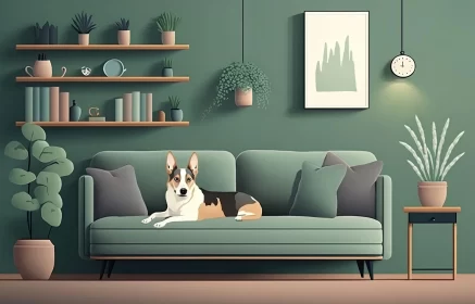 Animated Illustration of Dog on Sofa in Green Interior