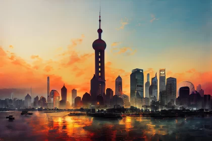 City Skyline with Traditional Chinese Landscape Influence