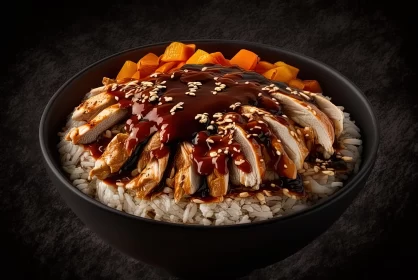 Digitally Manipulated Image of Rice and Chicken in a Black Bowl