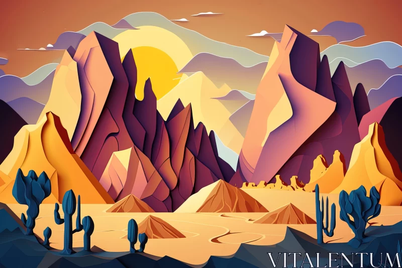 Low Poly Cactus Desert Landscape Vector Illustration