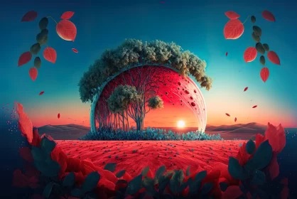 Surreal 3D Landscape with Spherical Sculptures and Ethereal Trees