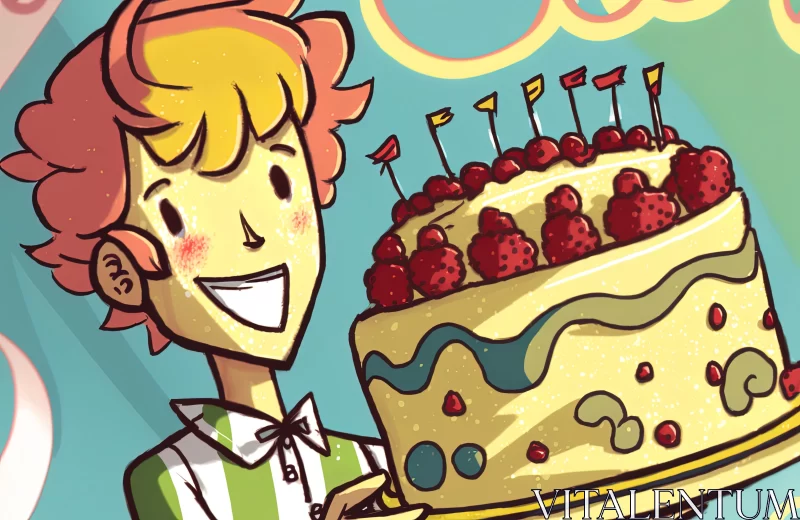 Cartoon Boy Holding Cake - Graphic Novel Inspired Art AI Image