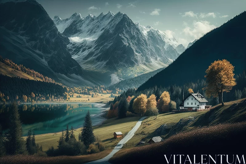 Idyllic Alpine Landscape with Cabin and Lake AI Image