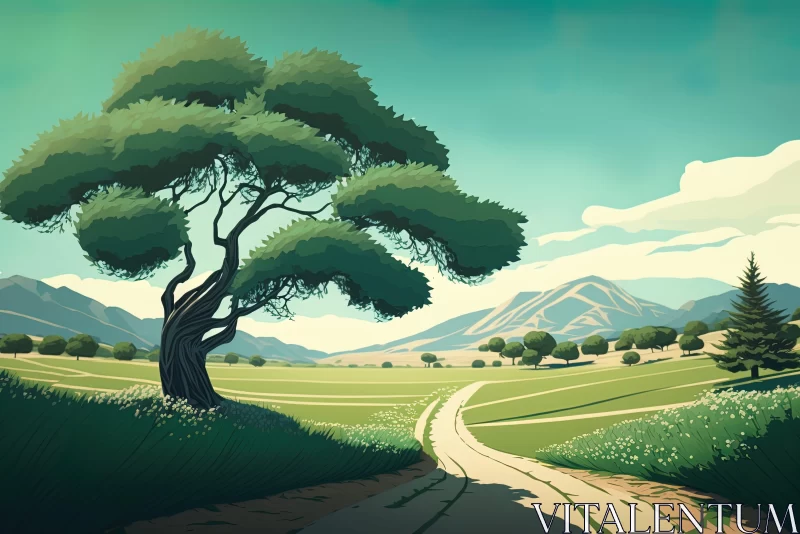 Art Nouveau-Inspired Countryside Scene Illustration AI Image